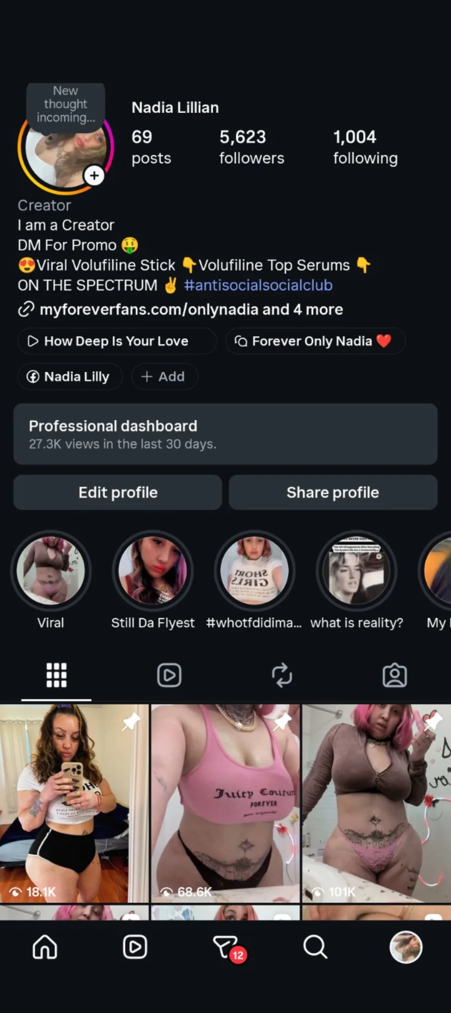 Social profile snapshot showing Nadia's creator profile and profile metrics
