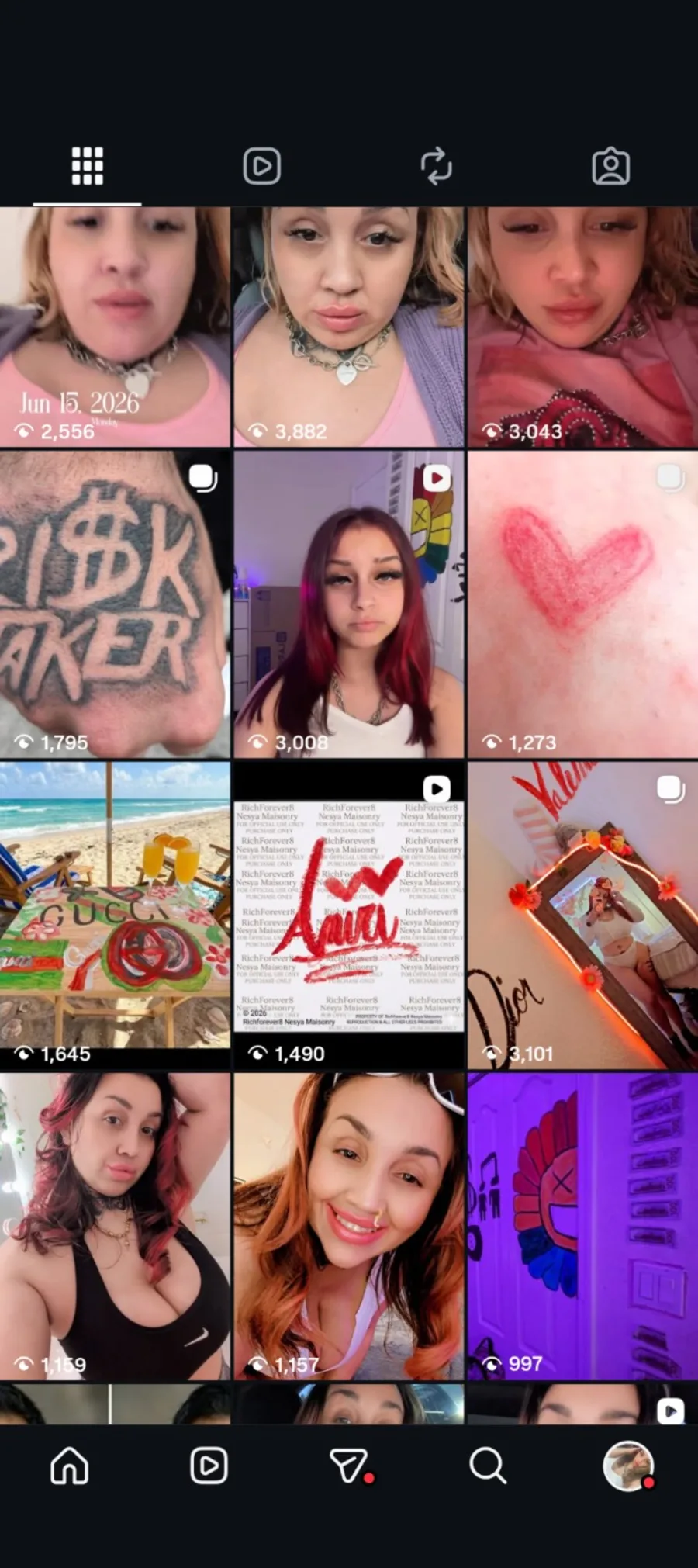 Social media grid snapshot featuring Nadia's content and artwork