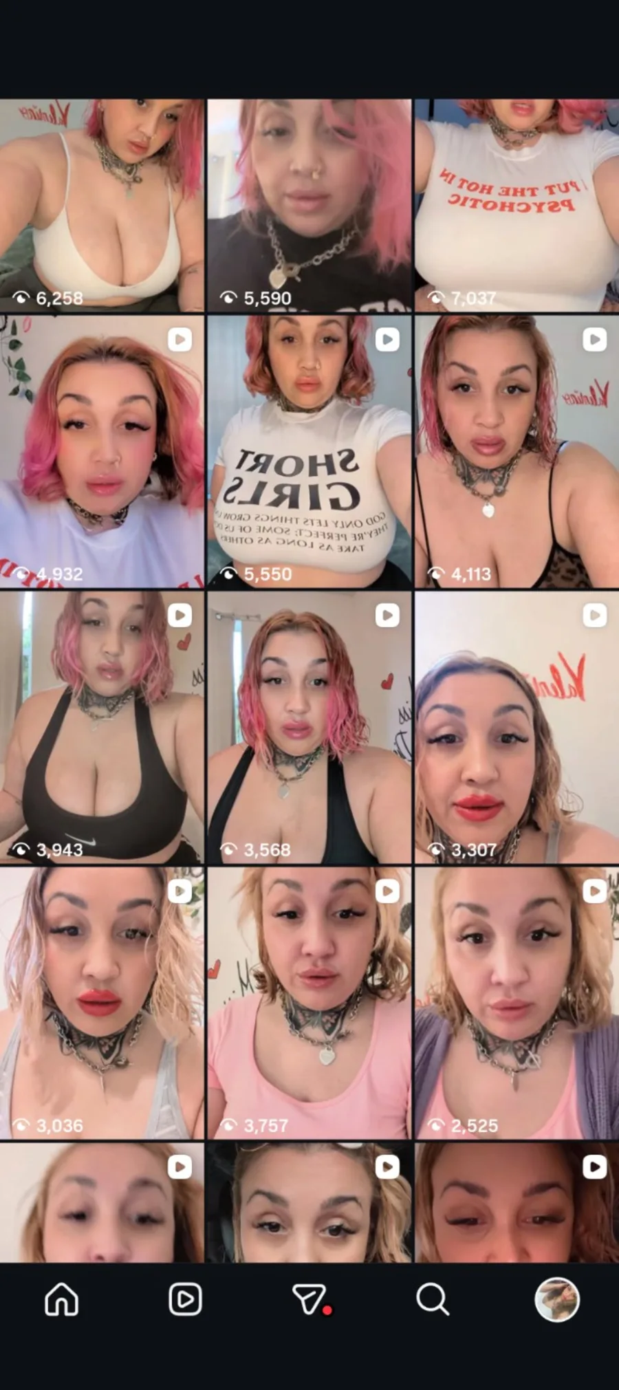 Social media grid snapshot highlighting Nadia's short-form creator content