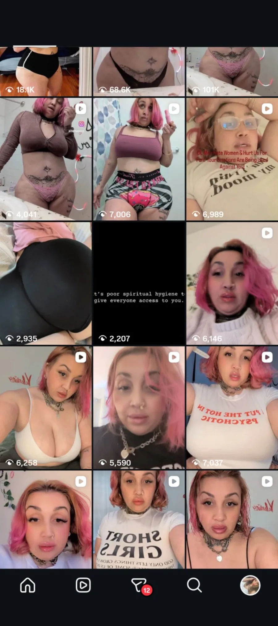 Social media grid snapshot with higher-view content on Nadia's profile